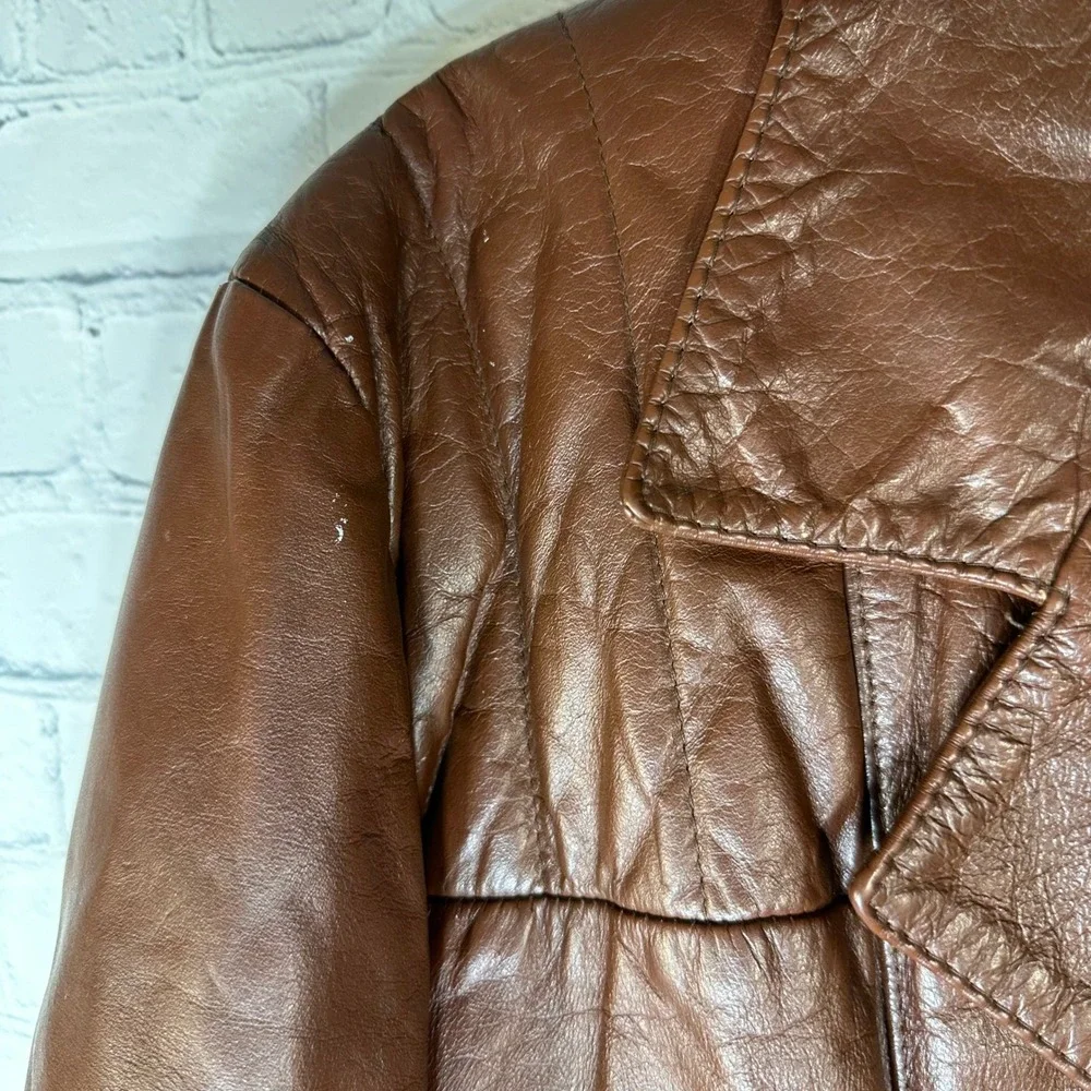 Vintage Sears The Leather Shop Brown Leather Car Coat Faux Fur Plaid Lining 42 R